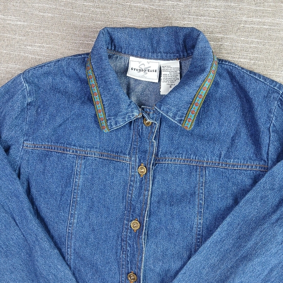 Vintage Studio Ease Lightweight Denim Jacket Embellished w/ Ribbon Edges size 8 - Picture 7 of 15